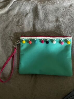 Teal Wristlet Clutch with Multicolor Pom-Pom Trim